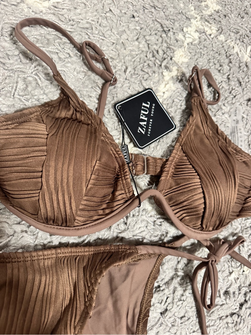 Zaful Brown Ribbed Bikini Set with Adjustable Straps